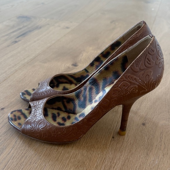 Roberto Cavalli Shoes - Roberto Cavalli Brown Embossed Peep-Toe Heels